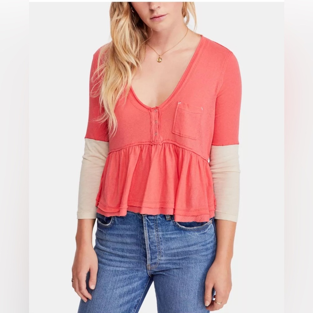 NEW FREE PEOPLE CORAL HEART OF MINE WOMEN'S PEPLUM TOP - LARGE